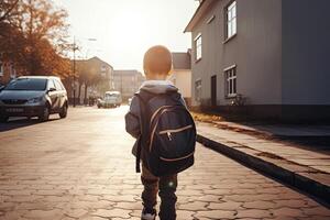 costas Visão do uma Garoto com uma mochila caminhando em a rua. fofa pequeno primário escola alunos cheio traseiro visualizar, ai gerado foto