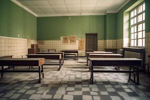 interior do a velho escola Sala de aula com mesas e cadeiras, retro tonificado, decorado interior do a esvaziar escola aula, ai gerado foto