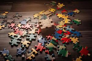 colorida quebra-cabeças enigma peças em de madeira fundo. o negócio conceito. conceito do achando a certo soluções dentro vida, ai gerado foto