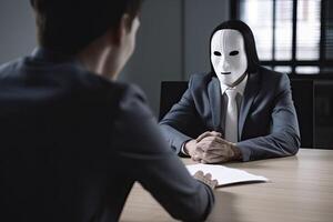 homem de negocios vestindo uma mascarar para proteger ele mesmo a partir de a hacker dentro a escritório, Empregador sem face e mão deformidades fechar acima , ai gerado foto