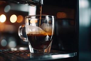 café derramando a partir de café máquina para dentro vidro copo às cafeteria. espresso derramado a partir de uma café máquina para dentro uma vidro xícara, ai gerado foto