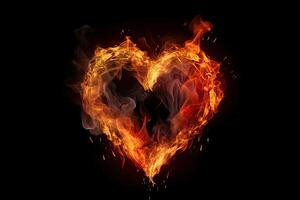 queimando coração em uma Preto fundo. a conceito do amor e romance. fogo coração em uma Sombrio fundo, ai gerado foto
