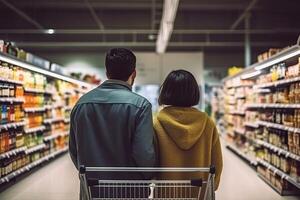 traseiro Visão do jovem casal compras dentro supermercado. traseiro Visão do homem e mulher em pé com compras carrinho e olhando às prateleiras com bebidas. ai gerado foto