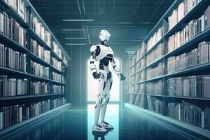 3d Renderização humanóide robô dentro biblioteca com estantes de livros em fundo, futurista ai robô bibliotecário dentro uma biblioteca, ai gerado foto