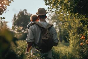 costas Visão do pai e filho caminhando dentro a jardim. do pai dia conceito, completo traseiro Visão do uma pai carregando dele bebê em Colina foto