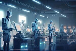grupo do robôs dentro uma moderno fábrica. 3d Renderização tonificado imagem Duplo exposição, futurista ai robô trabalhadores trabalhando dentro a indústria, ai gerado foto
