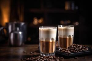 café dentro uma vidro em uma de madeira mesa com café feijões, óculos com delicioso café com leite macchiato com café, ai gerado foto