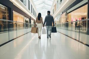 costas Visão do jovem casal segurando compras bolsas e caminhando dentro compras shopping, marido e esposa cheio traseiro Visão caminhando dentro uma fazer compras foto