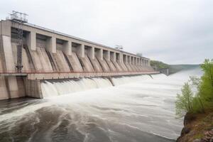 a barragem do a hidroelétrica poder estação em uma nublado dia. maciço hidroelétrica barragem produzindo elétrico energia, ai gerado foto