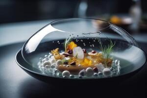 delicioso peixe sopa dentro uma vidro tigela em uma Preto fundo. Michelin Estrela qualidade Comida prato fechar acima visualizar, ai gerado foto