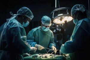 grupo do veterinário cirurgia dentro Operação quarto levar com arte iluminação e azul filtro, médico equipe realizando uma cirúrgico Operação dentro uma hospital, ai gerado foto