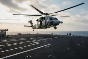 helicóptero aterrissagem em a área coberta do uma militares aeronave operadora. militares helicóptero aterrissagem em a aeronave operadora, ai gerado foto