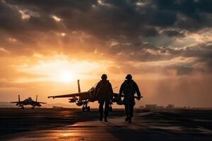 silhueta do dois soldados e avião em a pista às pôr do sol, militares pilotos estão caminhando em uma descolar chão, ai gerado foto