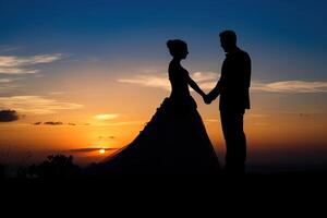 silhueta do uma noiva e noivo em a fundo do a configuração sol, Novo Casamento casal silhueta com uma brilhante pôr do sol , ai gerado foto