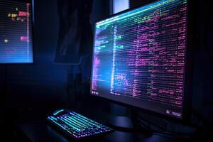 cyber segurança conceito. computador monitor com binário código em Sombrio fundo, moderno computador tela mostrando colorida codificação, ai gerado foto