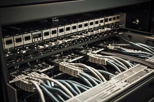 rede interruptor e ethernet cabos dentro dados Centro. seletivo foco, rede cabos conectado dentro a rede trocar, ai gerado foto