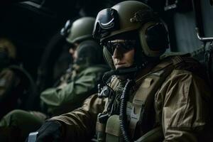 retrato do uma especial forças soldado dentro militares uniforme sentado dentro a cockpit, pára comando militares soldados estão esperando dentro a aeronaves, ai gerado foto