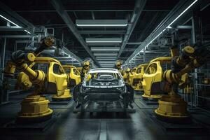 Produção linha do a fábrica para a Produção do automóvel carros, robótico braços fabricação carros dentro uma carro fábrica, ai gerado foto