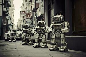 retro robôs dentro a rua do Istambul. filtrado imagem processado vintage efeito. robôs conquistando a mundo, ai gerado foto