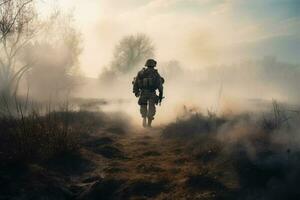 soldado caminhando através uma nebuloso campo em uma ensolarado dia. soldado caminhando através uma esfumaçado guerra campo, ai gerado foto