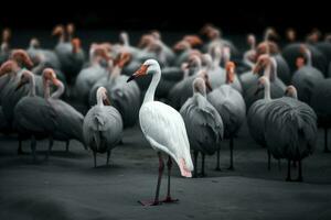 grupo do flamingos dentro a meio do a lago. Preto fundo. em pé Fora a partir de a multidão, uma branco pássaro em pé Fora a partir de outros, ai gerado foto