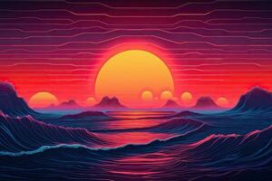 pôr do sol sobre a mar com ondas. ilustração dentro uma plano estilo. synthwave pôr do sol panorama anos 80 retro synthwave cor, ai gerado foto