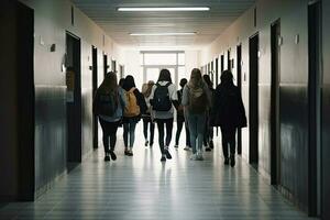 costas Visão do grupo do alunos caminhando dentro corredor do escola ou universidade, Adolescência escola crianças em pé dentro frente do armário, ai gerado foto