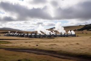 islandês estepe panorama com fumaça a partir de a chaminés do uma fábrica, a geotérmico energia fazer indústria produzindo, ai gerado foto