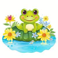 fofa rã em uma verde pedra com flores fofa pequeno feliz rã clipart em topo do água, ai gerado foto