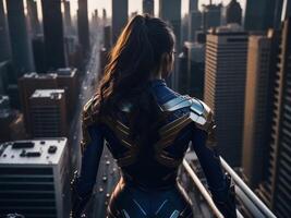 Super heroi mulher ficando costas para a Câmera e olhando às a cidade. ai gerado foto