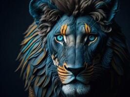 leão cabeça fantasia retrato dentro azul e laranja cores. generativo ai foto