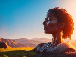 jovem mulher com fechadas olhos meditando em lindo natureza cena às pôr do sol. ai gerado foto