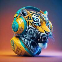 3d ilustração do uma tigre cabeça vestindo fones de ouvido para ícone ou logotipo foto
