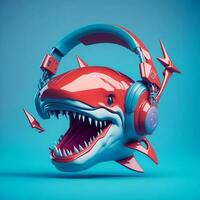 3d ilustração do uma Tubarão vestindo fones de ouvido para ícone ou logotipo foto