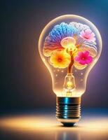 Ideias conceito, cérebro dentro a luz lâmpada em colorida fundo foto