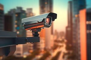 segurança cctv Câmera em moderno cidade. criada com generativo ai tecnologia foto