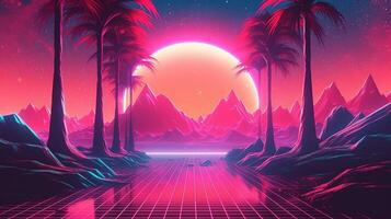 generativo ai, anos 80 retro futurista ficção científica., nostálgico anos 90. noite e pôr do sol néon cores, cyberpunk vintage ilustração. sol, montanhas e Palmeiras. retrowave vj videogame panorama. foto