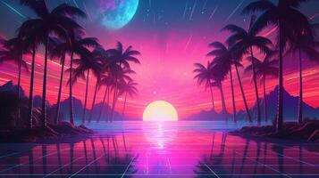 generativo ai, anos 80 retro futurista ficção científica., nostálgico anos 90. noite e pôr do sol néon cores, cyberpunk vintage ilustração. sol, montanhas e Palmeiras. retrowave vj videogame panorama. foto