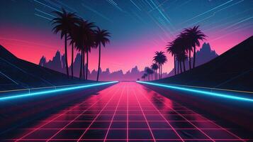 generativo ai, anos 80 retro futurista ficção científica., nostálgico anos 90. noite e pôr do sol néon cores, cyberpunk vintage ilustração. sol, montanhas e Palmeiras. retrowave vj videogame panorama. foto