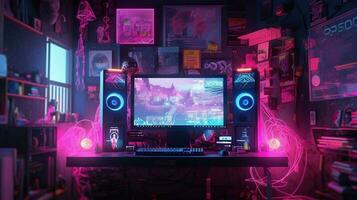 generativo ai, computador em a mesa dentro cyberpunk estilo, nostálgico anos 80, anos 90. néon noite luzes vibrante cores, fotorrealista horizontal ilustração do a futurista interior. tecnologia conceito. foto