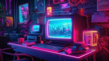 generativo ai, computador em a mesa dentro cyberpunk estilo, nostálgico anos 80, anos 90. néon noite luzes vibrante cores, fotorrealista horizontal ilustração do a futurista interior. tecnologia conceito. foto