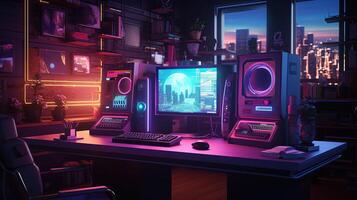 generativo ai, computador em a mesa dentro cyberpunk estilo, nostálgico anos 80, anos 90. néon noite luzes vibrante cores, fotorrealista horizontal ilustração do a futurista interior. tecnologia conceito. foto