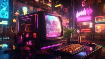 generativo ai, computador em a mesa dentro cyberpunk estilo, nostálgico anos 80, anos 90. néon noite luzes vibrante cores, fotorrealista horizontal ilustração do a futurista interior. tecnologia conceito. foto