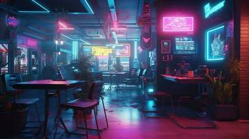 generativo ai, cyberpunk estilo Barra ou cafeteria. noite cena do grande cidade, futurista nostálgico anos 80, anos 90. néon luzes vibrante cores, fotorrealista horizontal ilustração. foto