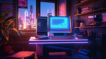 generativo ai, computador em a mesa dentro cyberpunk estilo, nostálgico anos 80, anos 90. néon noite luzes vibrante cores, fotorrealista horizontal ilustração do a futurista interior. tecnologia conceito. foto