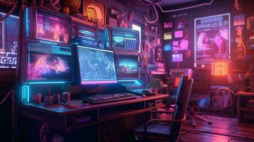 generativo ai, computador em a mesa dentro cyberpunk estilo, nostálgico anos 80, anos 90. néon noite luzes vibrante cores, fotorrealista horizontal ilustração do a futurista interior. tecnologia conceito. foto