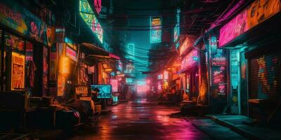 generativo ai, noite cena do depois de chuva cidade dentro cyberpunk estilo, futurista nostálgico anos 80, anos 90. néon luzes vibrante cores, fotorrealista horizontal ilustração. foto