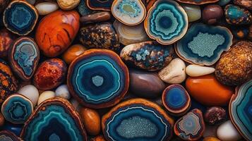 generativo ai, natural vulcânico ágata pedras fechar-se turquesa, Castanho e laranja textura. papel de parede fundo, quartzo mármore, decorativo Rocha padronizar foto