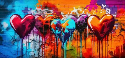 generativo ai, colorida coração Como grafite amor símbolo em a parede, rua arte. derretido pintar. foto