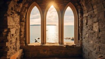 generativo ai, histórico medieval pedra arco janelas com romântico Visão do mar ou oceano, verão panorama fundo. foto